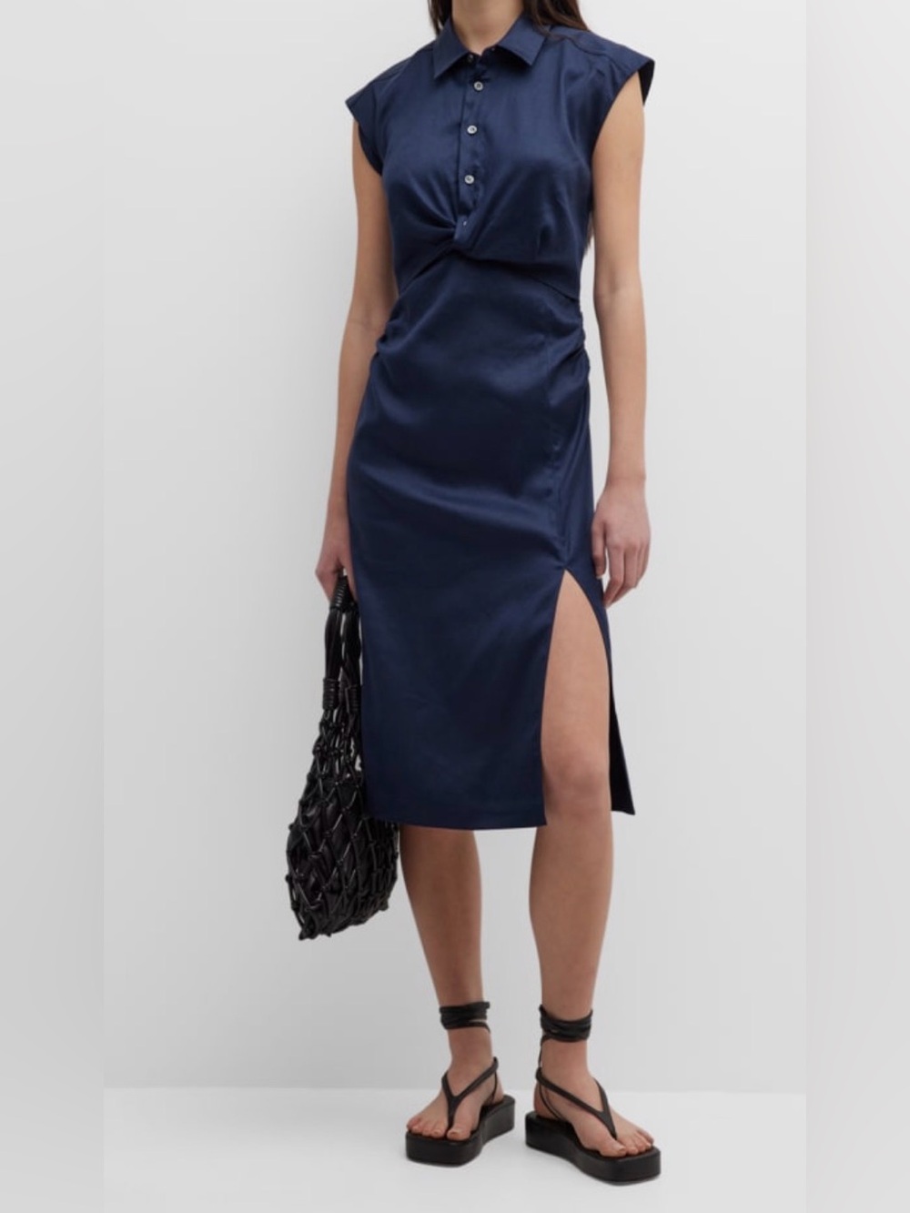 FRAME Twisted Button Front Midi Dress with Side Slit